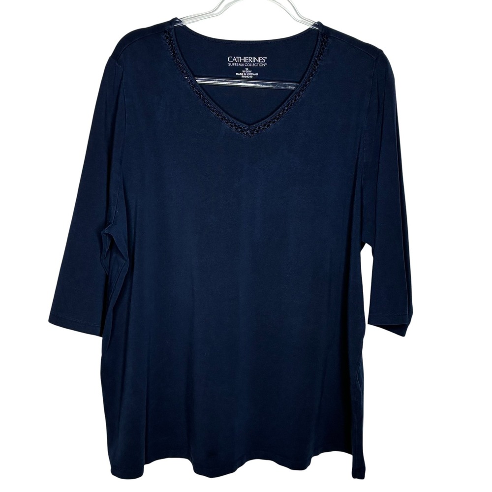 Catherines Suprema Collection 1X 18/20W Navy Blue Top V-Neck 3/4 Sleeve Crochet